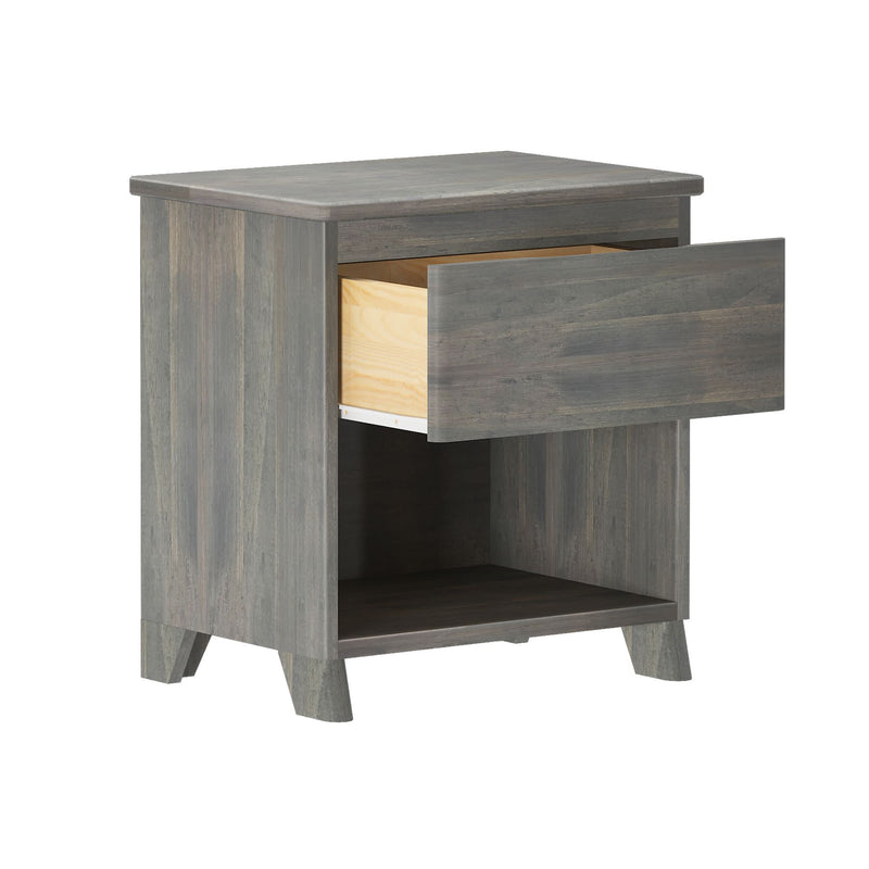 Gray wooden nightstand with an open drawer and storage shelf.