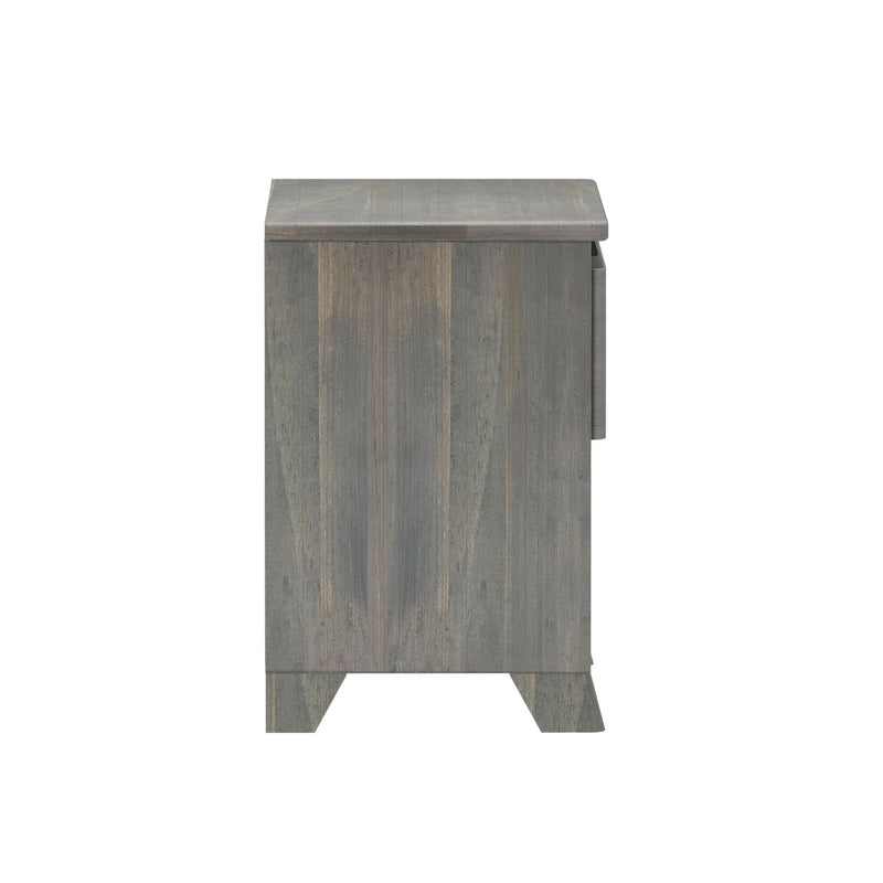 Side view of a modern gray wooden dresser with a minimalist design for bedroom furniture.