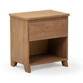 Wooden nightstand with drawer and open shelving for bedroom storage.