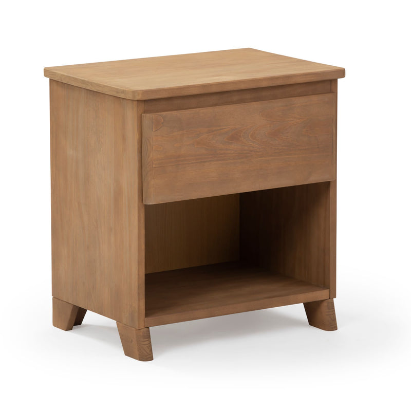 Wooden nightstand with drawer and open shelving for bedroom storage.