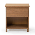 Wooden nightstand with single drawer and open shelf in natural finish.