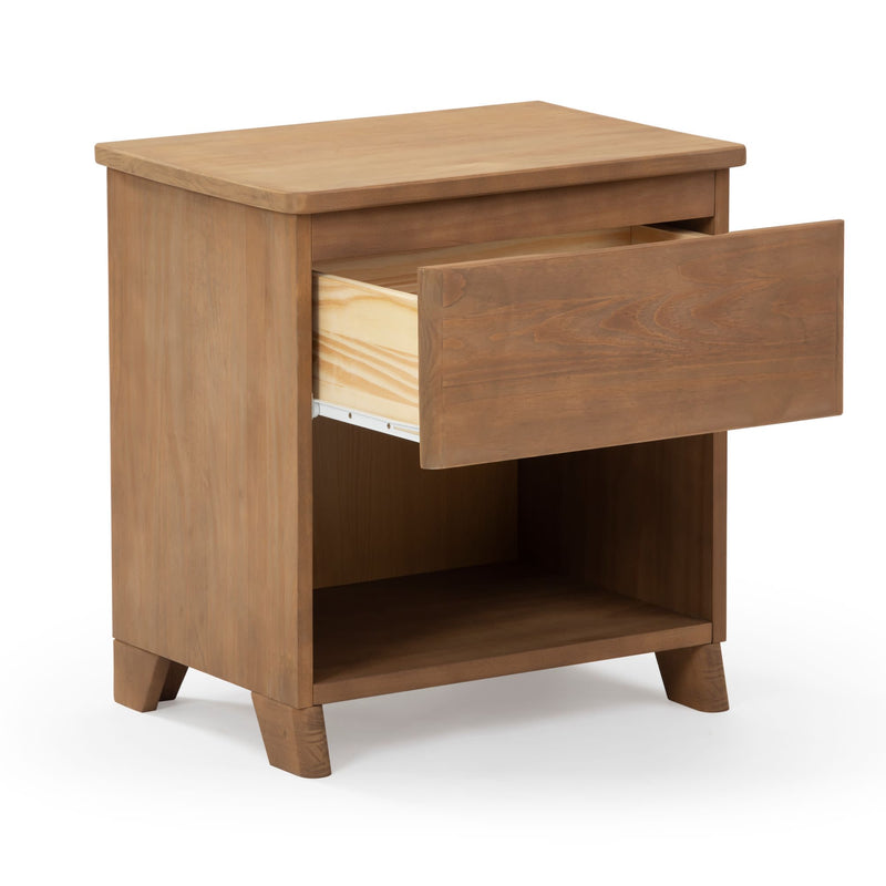 Wooden bedside table with open drawer, featuring a minimalist design and ample storage space.