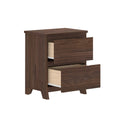 Mid-century walnut 3-drawer nightstand with tapered legs and open drawers, wood-grain bedroom storage