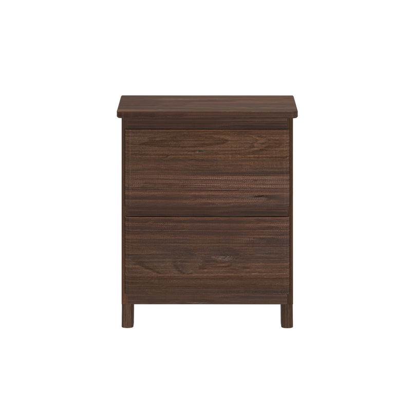 Dark walnut 3-drawer bedside nightstand with tapered legs and visible wood grain for bedroom storage