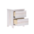Whitewashed three-drawer nightstand with two drawers partially open and tapered mid-century legs, modern bedroom storage