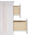 Close-up of whitewashed wooden dresser with partially open drawers revealing light wood-grain interiors, dowel joinery and metal runners — modern rustic bedroom furniture