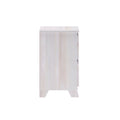 Whitewashed wood nightstand with two drawers and tapered legs, modern Scandinavian bedside table for bedroom storage