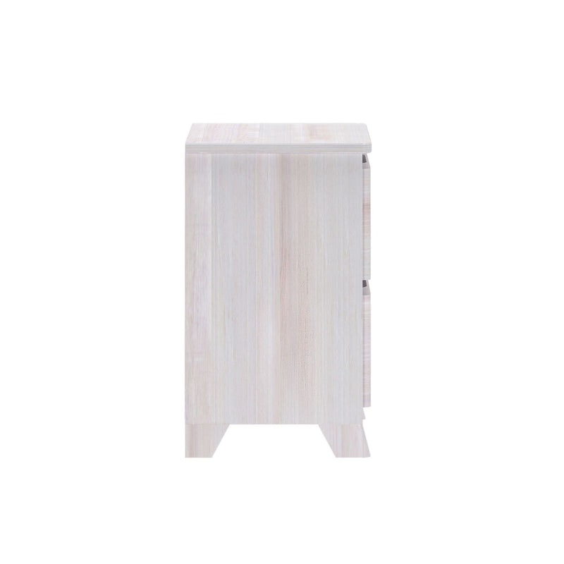 Whitewashed wood nightstand with two drawers and tapered legs, modern Scandinavian bedside table for bedroom storage