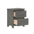 Gray wood three-drawer nightstand with partially open drawers revealing light wood interiors and tapered legs, modern bedroom storage accent table