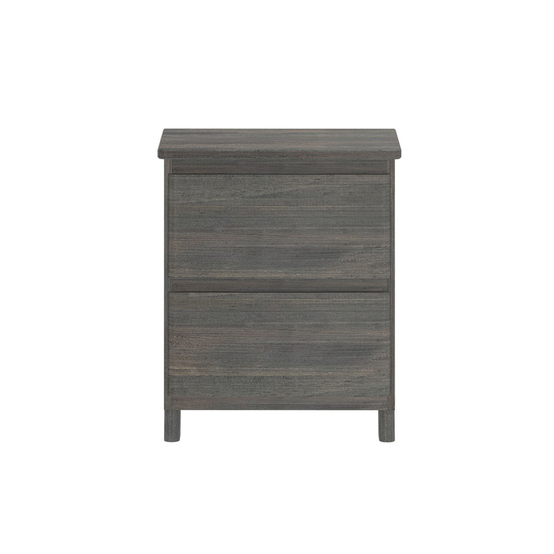 Gray wood three-drawer nightstand with rustic weathered finish and round legs, modern bedside table for bedroom storage