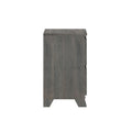 Gray wood nightstand side view with tapered legs and partially open drawer, modern rustic bedside storage table