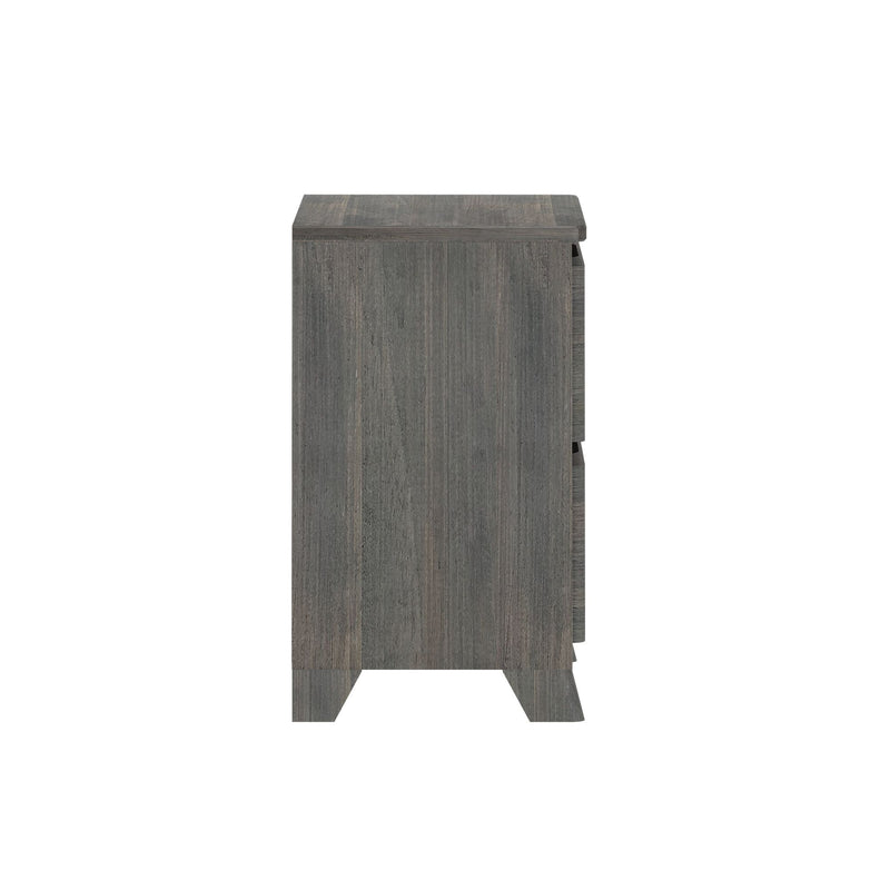 Gray wood nightstand side view with tapered legs and partially open drawer, modern rustic bedside storage table