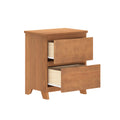 Mid-century modern oak two-drawer nightstand with open drawers, wooden bedside storage on white background.
