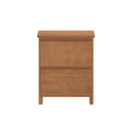 Three-drawer oak dresser in natural finish, mid-century modern bedside chest with rounded top and round legs on white background