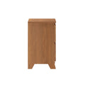 Side view of mid-century modern oak nightstand with natural wood grain finish, tapered legs and side drawer storage