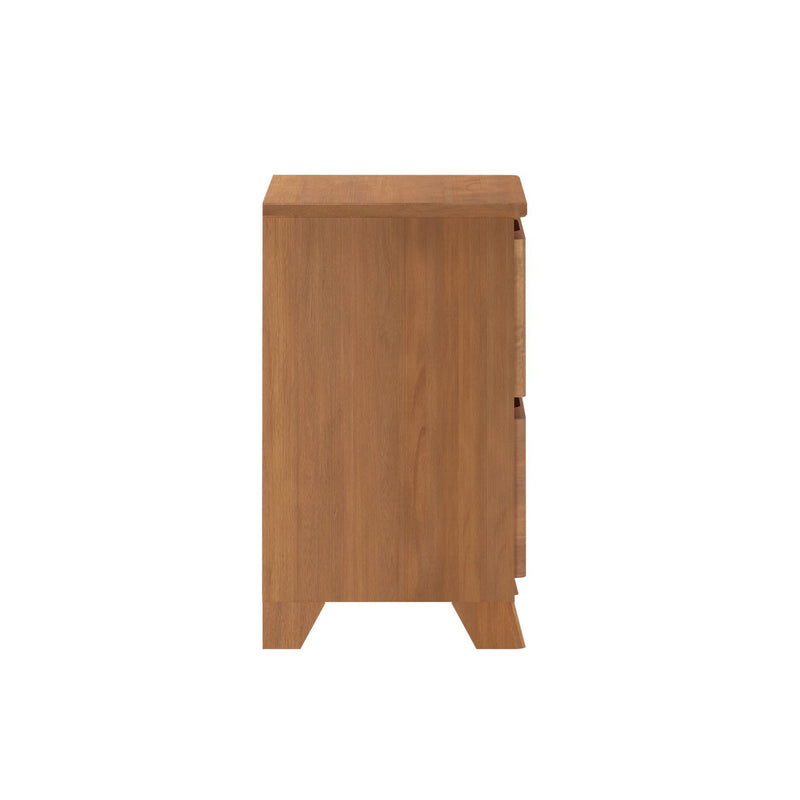 Side view of mid-century modern oak nightstand with natural wood grain finish, tapered legs and side drawer storage