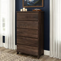 Mid-century modern 5-drawer walnut tall dresser — wooden chest of drawers for bedroom storage with tapered legs, styled against a navy wall and white curtains