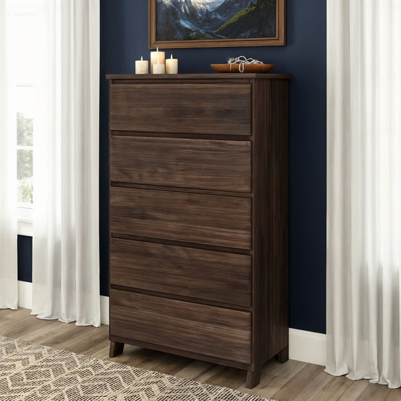Mid-century modern 5-drawer walnut tall dresser — wooden chest of drawers for bedroom storage with tapered legs, styled against a navy wall and white curtains