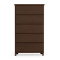 Tall wooden dresser with five drawers in dark brown finish for bedroom storage.