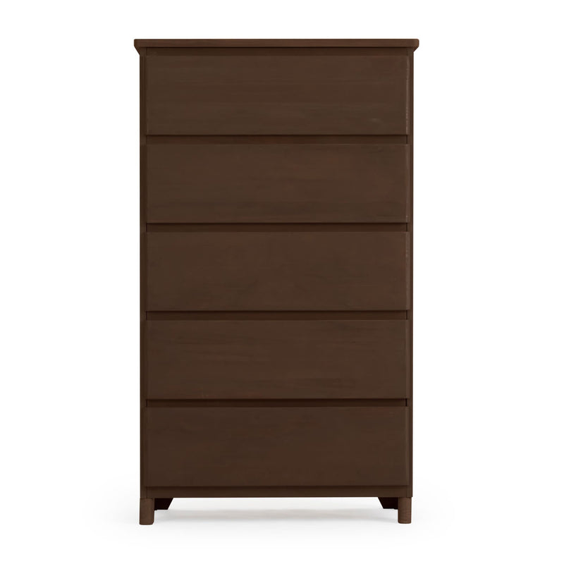 Tall wooden dresser with five drawers in dark brown finish for bedroom storage.