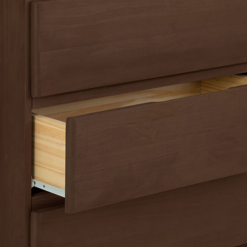 Open brown wooden dresser drawer showing interior storage space.