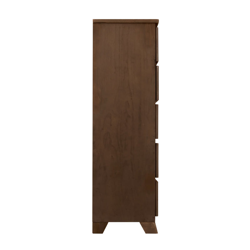 Tall wooden dresser with side view showcasing smooth finish and drawer design.