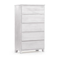 White wooden chest of drawers with five compartments for bedroom furniture storage.