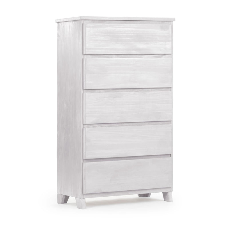 White wooden chest of drawers with five compartments for bedroom furniture storage.