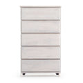 Modern light wood five-drawer dresser for bedroom storage solutions.