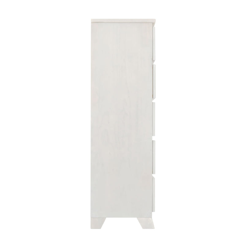 Side view of a tall white wooden dresser with drawers, minimalist bedroom furniture.