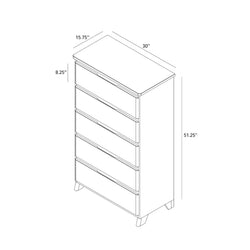 5-drawer tall dresser chest of drawers, narrow vertical bedroom storage with tapered legs — dimensions 30in W x 15.75in D x 51.25in H, drawer height 8.25in