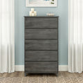 Gray wood 5-drawer tall dresser for bedroom storage, modern coastal-style decor with pale blue wall, white curtains, candles and decorative bowl on top
