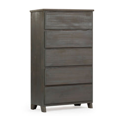Rustic wooden chest of drawers with five spacious compartments, ideal for bedroom storage solutions.