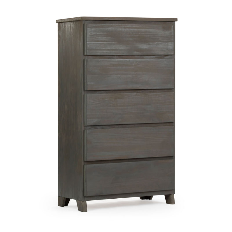 Rustic wooden chest of drawers with five spacious compartments, ideal for bedroom storage solutions.