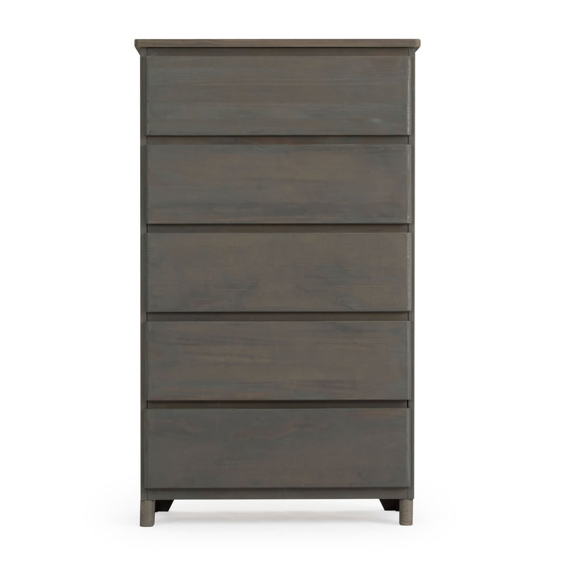 Tall contemporary wooden dresser with five drawers in dark gray finish.