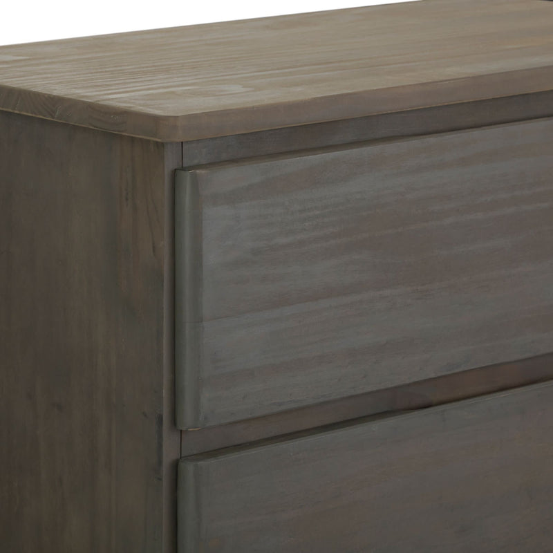 Close-up view of a modern dark wood dresser with two drawers, highlighting the sleek design and smooth finish.