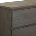 Close-up view of a modern dark wood dresser with two drawers, highlighting the sleek design and smooth finish.