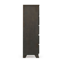 Side view of a modern dark wood dresser with multiple drawers on a white background.
