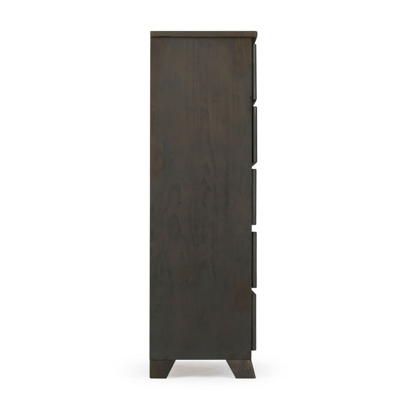 Side view of a modern dark wood dresser with multiple drawers on a white background.