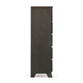 Side view of a modern dark wood dresser with multiple drawers on a white background.