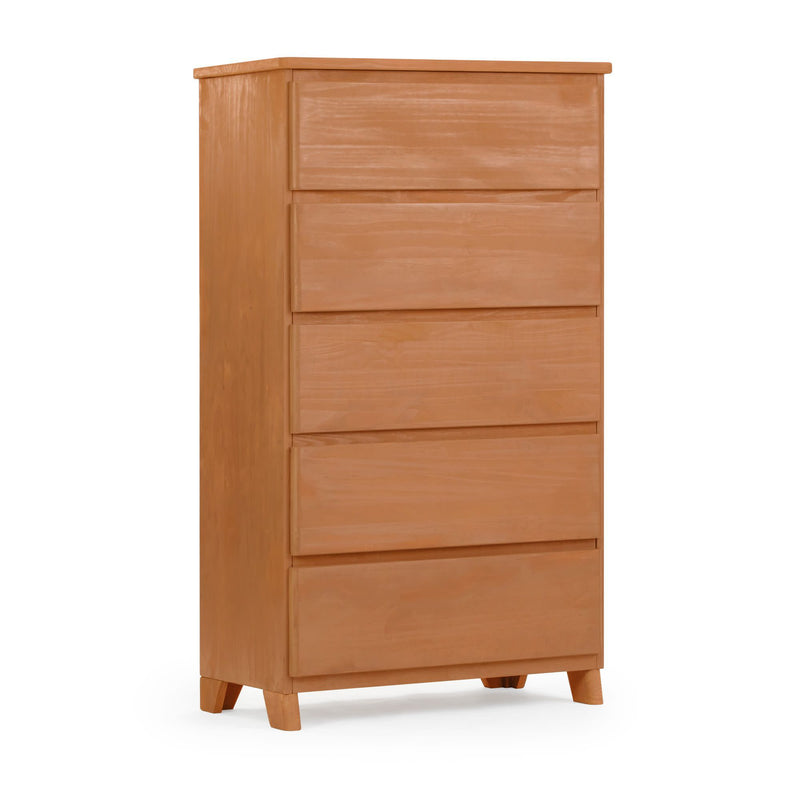 Wooden five-drawer chest of drawers for bedroom storage.