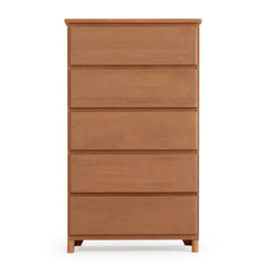 Wooden chest of drawers with five spacious compartments for bedroom storage.