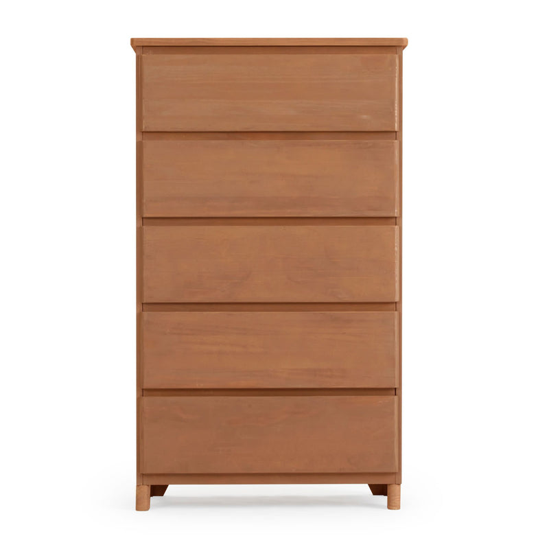 Wooden chest of drawers with five spacious compartments for bedroom storage.