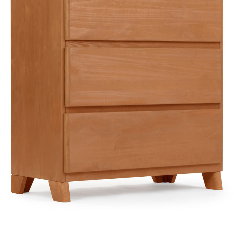 Mid-century modern wooden dresser with three sleek drawers and tapered legs.