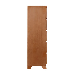 Side view of a wooden dresser with drawers against a white background.
