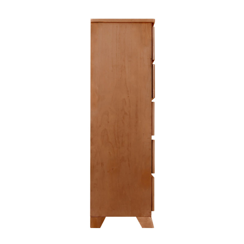 Side view of a wooden dresser with drawers against a white background.