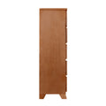 Side view of a wooden dresser with drawers against a white background.