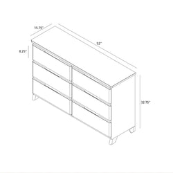 Dimensioned line drawing of a six-drawer bedroom dresser showing 52" width, 32.75" height, approximately 15.75" depth and ~8.25" drawer heights for storage and assembly reference