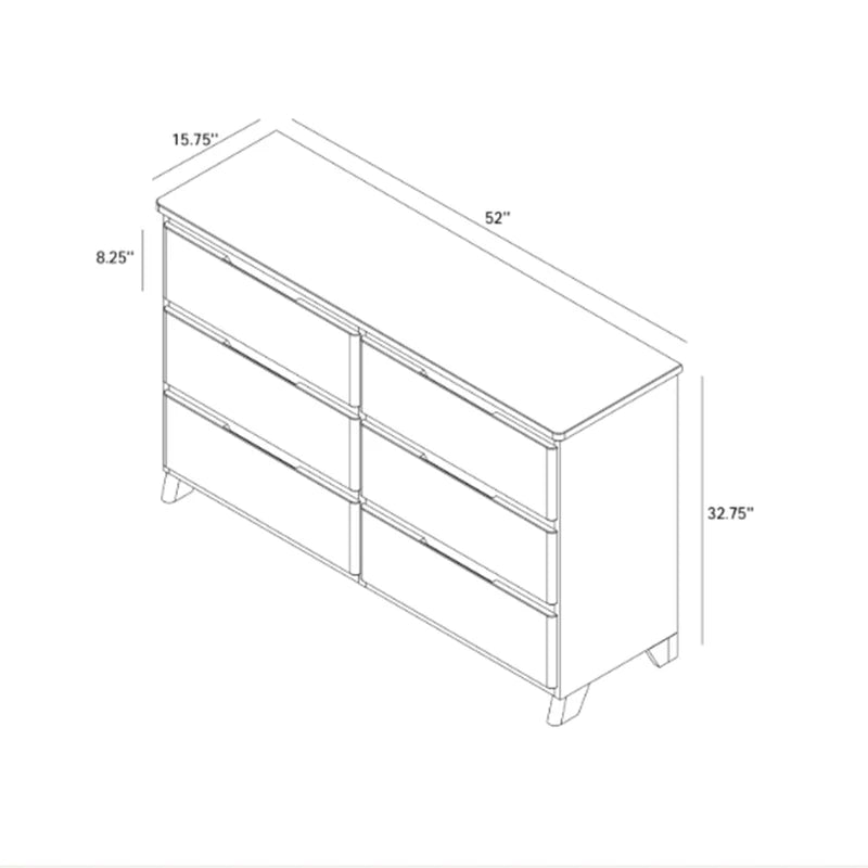 Dimensioned line drawing of a six-drawer bedroom dresser showing 52" width, 32.75" height, approximately 15.75" depth and ~8.25" drawer heights for storage and assembly reference