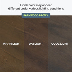 Barnwood brown finish color variations under warm light, daylight, and cool light conditions.